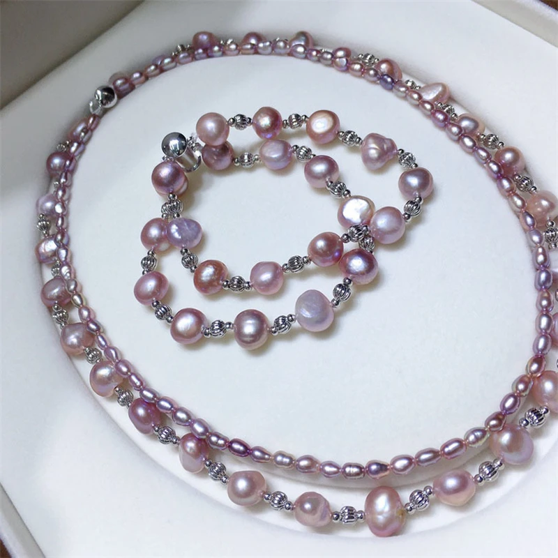 

HABITOO Gorgeous 2 Strand Natural 8-9MM Purple Baroque Freshwater Pearl Silver Bead Necklace Bracelet Set Women Fashion Jewelry