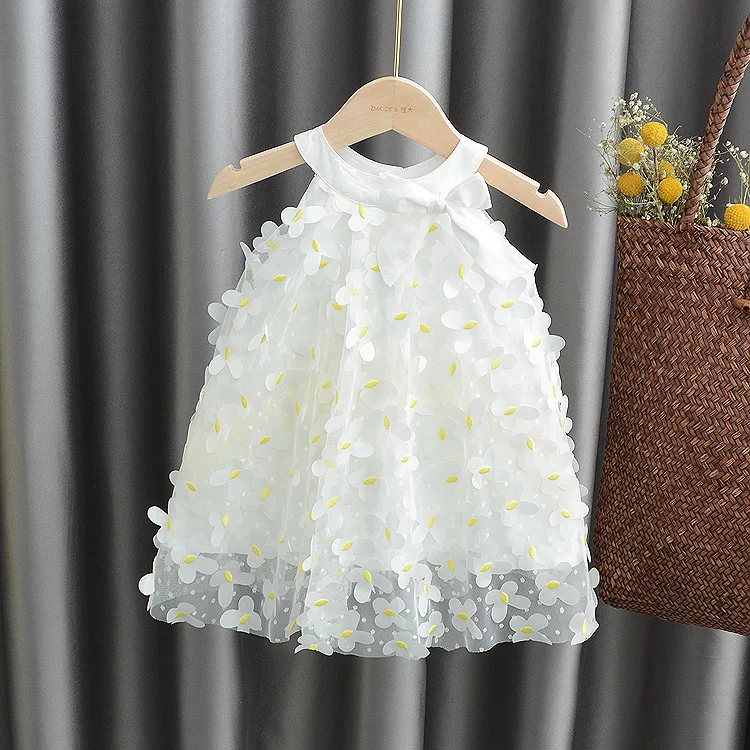 

Summer Baby Girls Sweet Bow Flower Dress Sleeveless White Gauze Dress Children Brim Princess Dress Kids