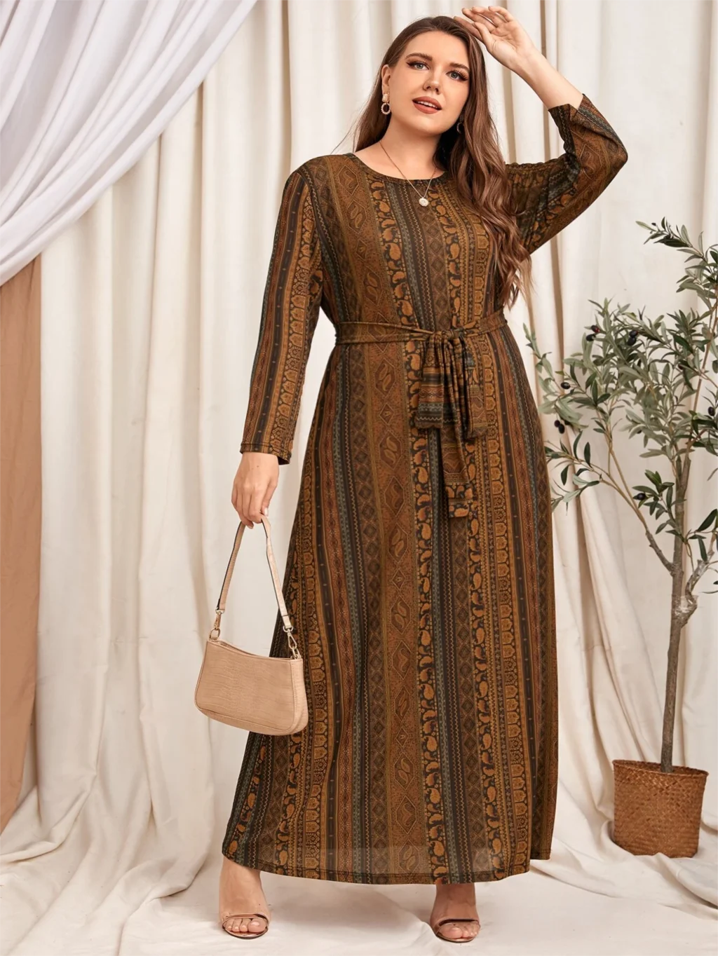 Winter Dress Women 2024 Female Long Sleeve Striped Retro Printing Vintage Dress Plus Size Loose Large Abaya Dubai Turkey Dress