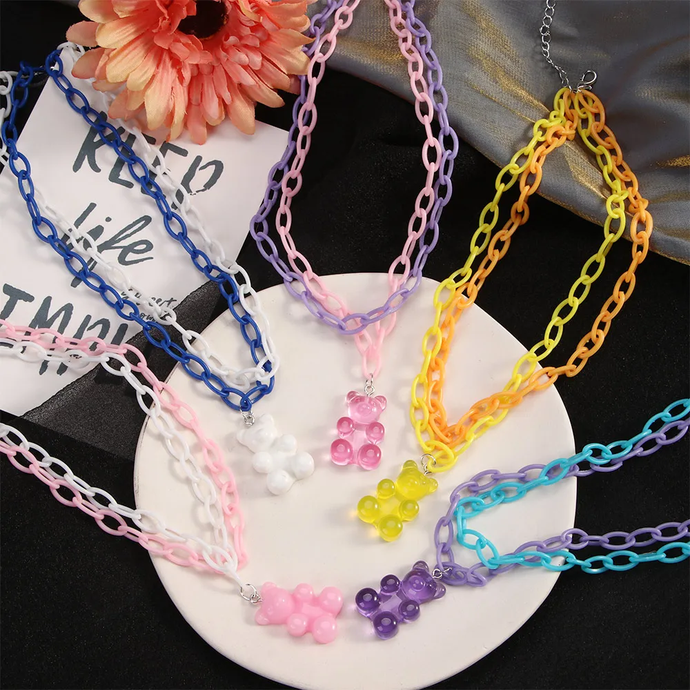 Summer Resin Bear Choker Fashion Necklace Harajuku Style Cute Cartoon Candy Color Acrylic Multilayer Neck Ornament Party Jewelry