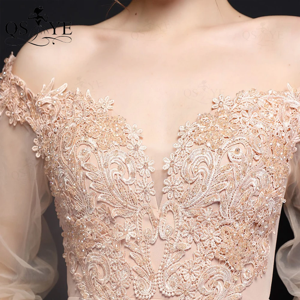 Robe de soirée de forme sirène, tenue de soirée, Champagne, manches longues, épaules dénudées, col en V, perles, dentelle, dos nu