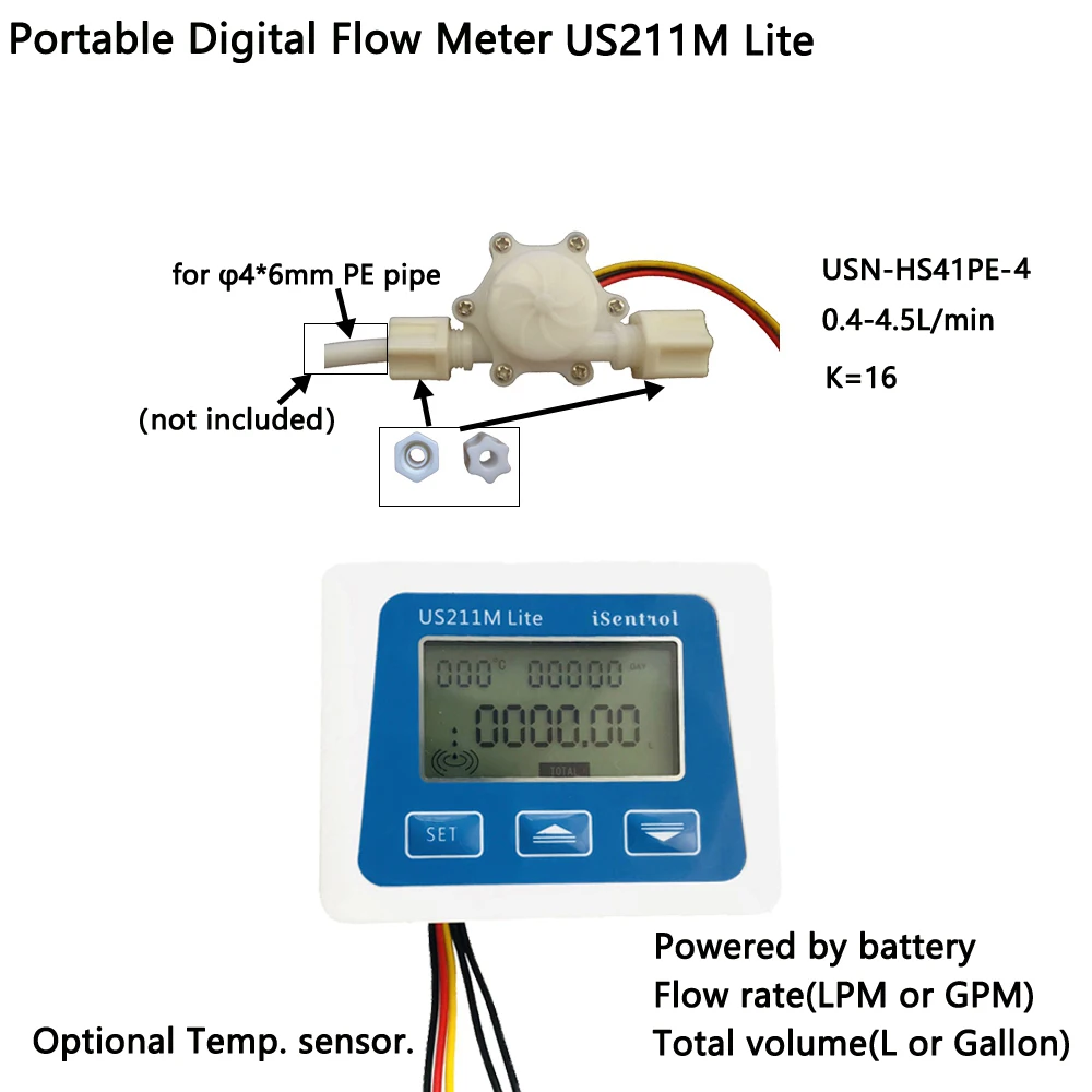 

US211M Lite Digital Flowmeter and USN-HS41PE-4 0.4-4.5LPM Hall Effect Flow Sensor Total Volume and Flow Rate Display