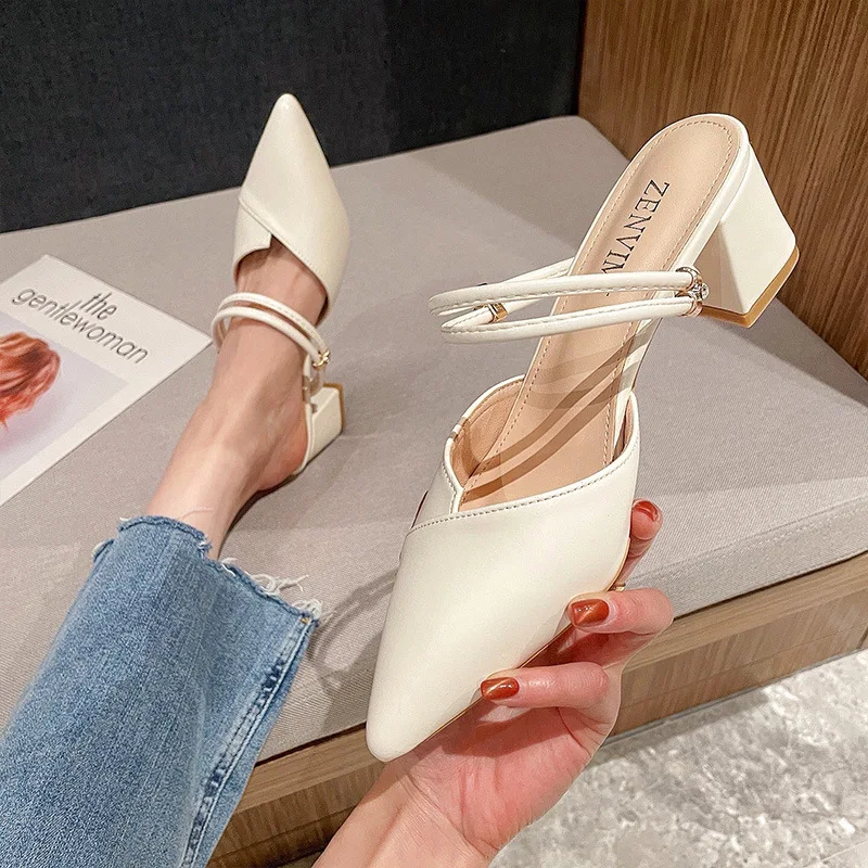 

Women Brand Summer Slides Sexy Thick High Heels Soft Leather Slippers Female Dress Sandal Crystal Buckle Shallow Lady Flip Flops