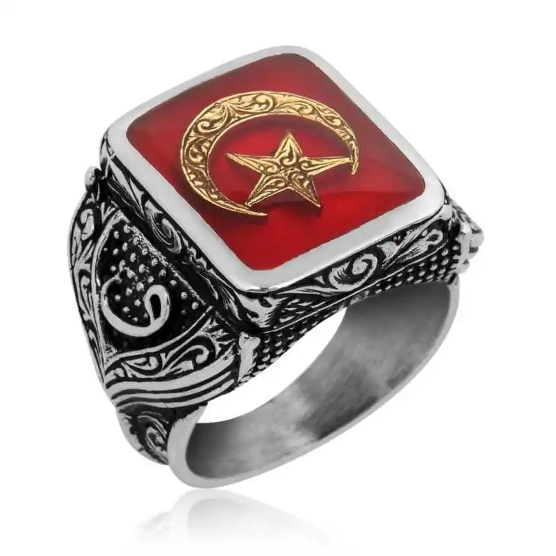 Silver Red Moon Star Men's Ring - 925 Sterling Men's Jewelry Wedding Birthday Gift - Box - Men - Fashion - Botiva - Size - Turkish - Patterned Embroidery