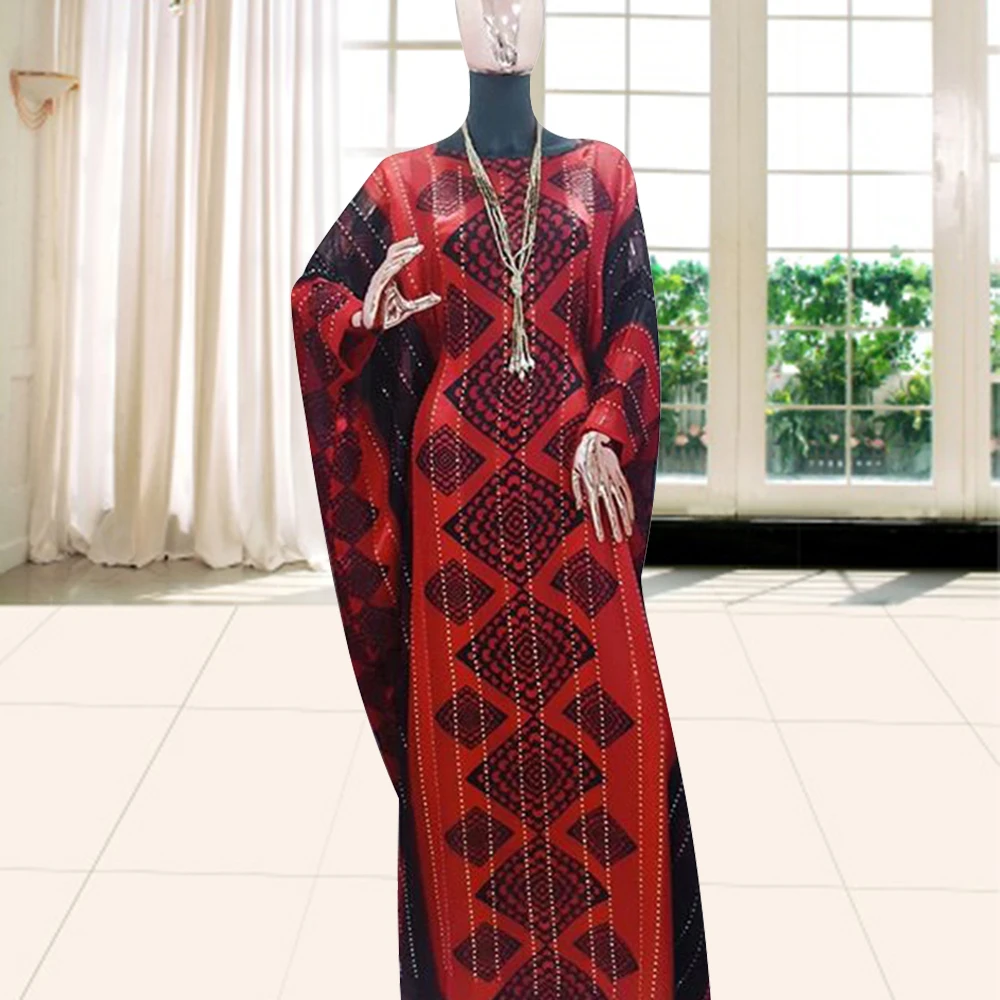 

New Arrival 2021 Solid Color African Clothes For Women Bat Sleeve Ankara Geometry Print Nigerian Style Muslim Dresses