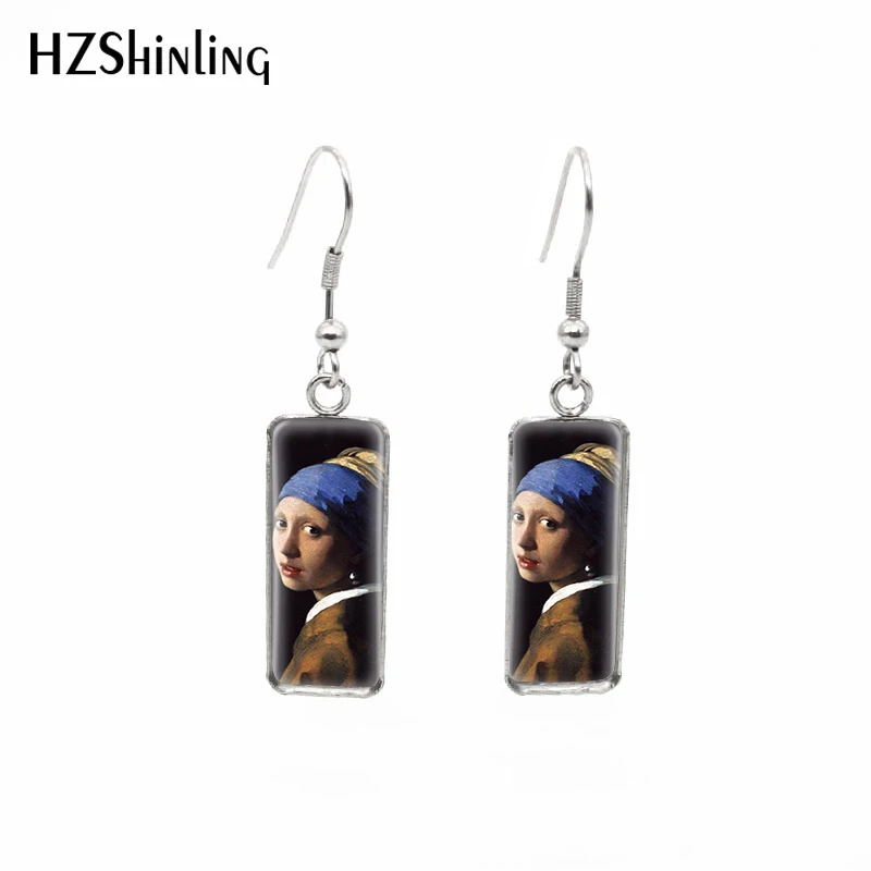 2019 New Johannes Vermeer Paintings Fish Hook Earring Girl Wearing Pearl Oil Painting Rectangular Earrings Glass Jewelry