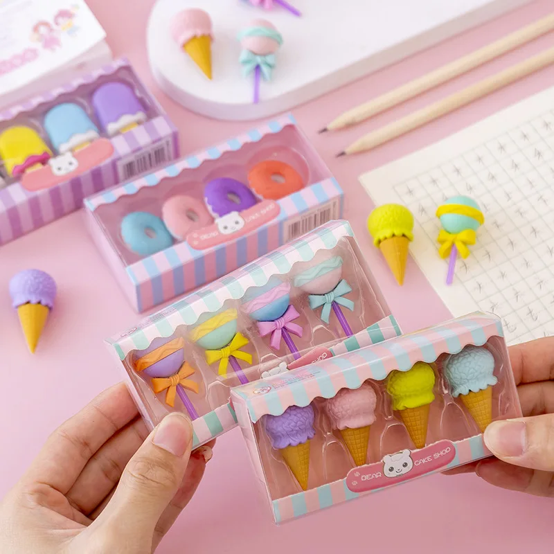 4pcs Yummy Dessert Erasers Set Mini Lollipop Icecream Popsicle Donuts Rubber Pencil Eraser for Kids School Student Award