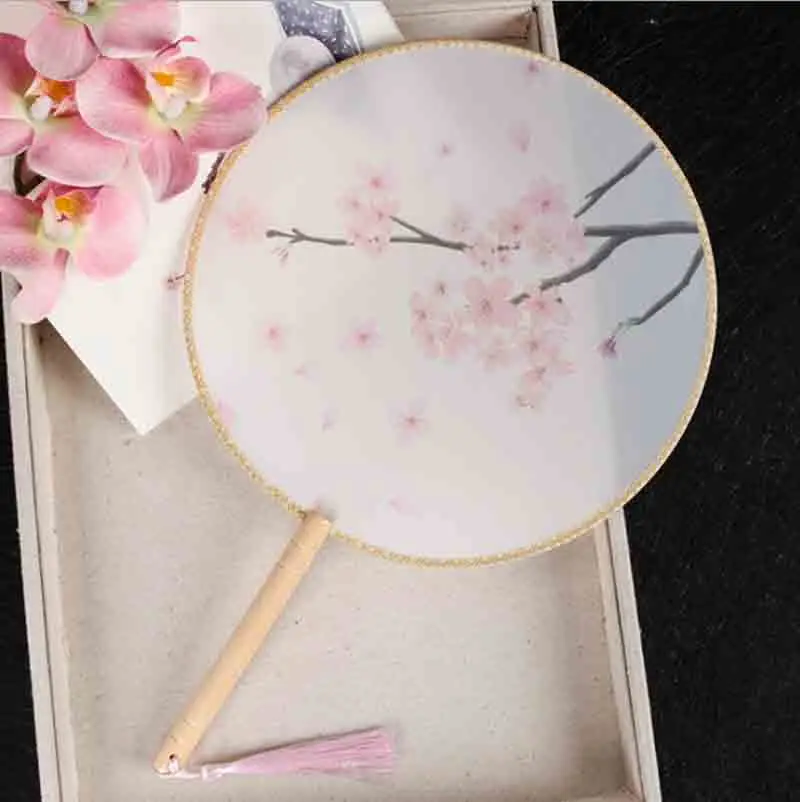 Chinese Hand Fan Women Chinese Ancient Round Wooden Handle Printed Fan Chinese Cheongsam Hanfu Hand Fan For Women