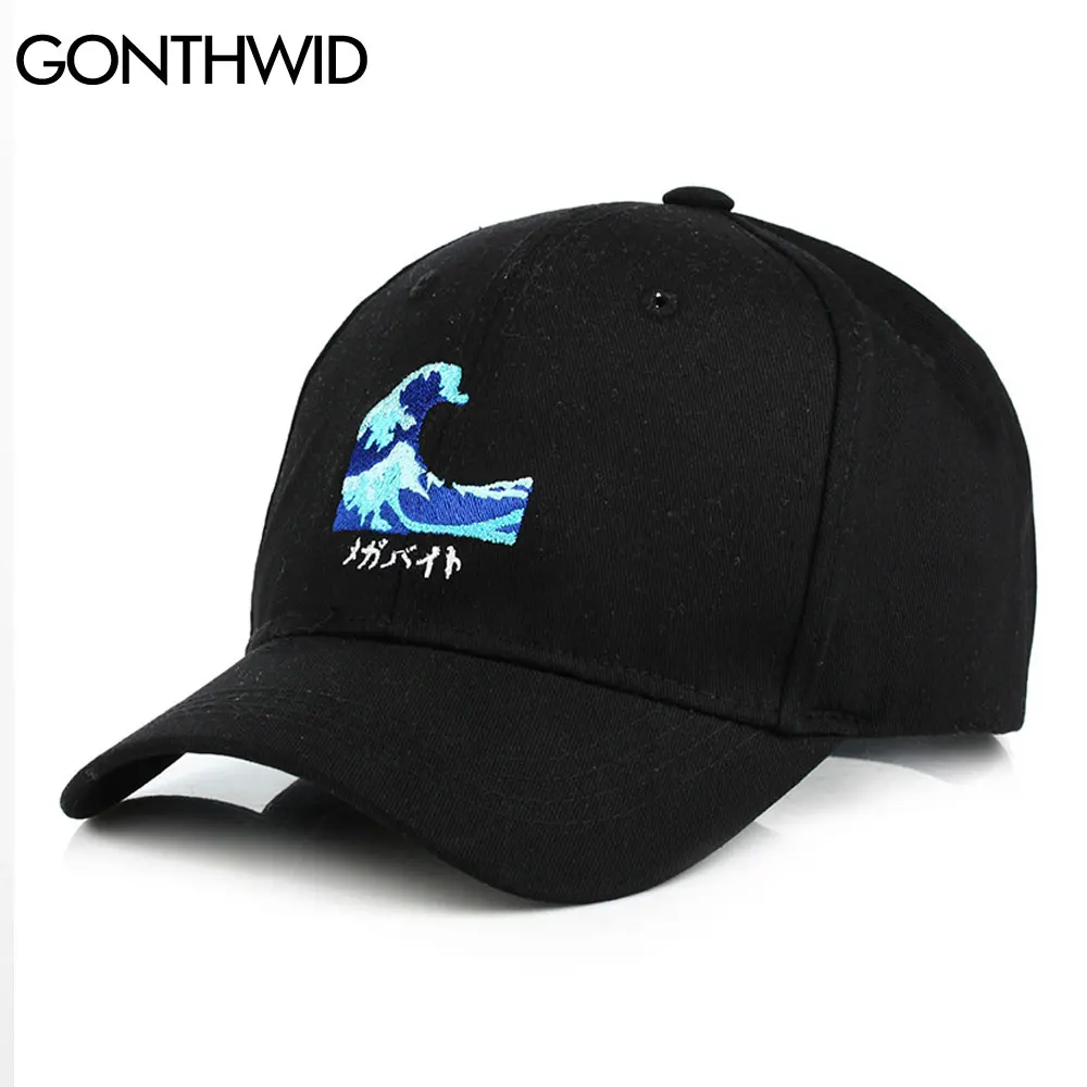 GONTHWID Embroidery Japanese Ukiyoe Seawave Adjustable Snapback Baseball Caps Men Women Hip Hop Casual Cotton Bboy Sun Hats