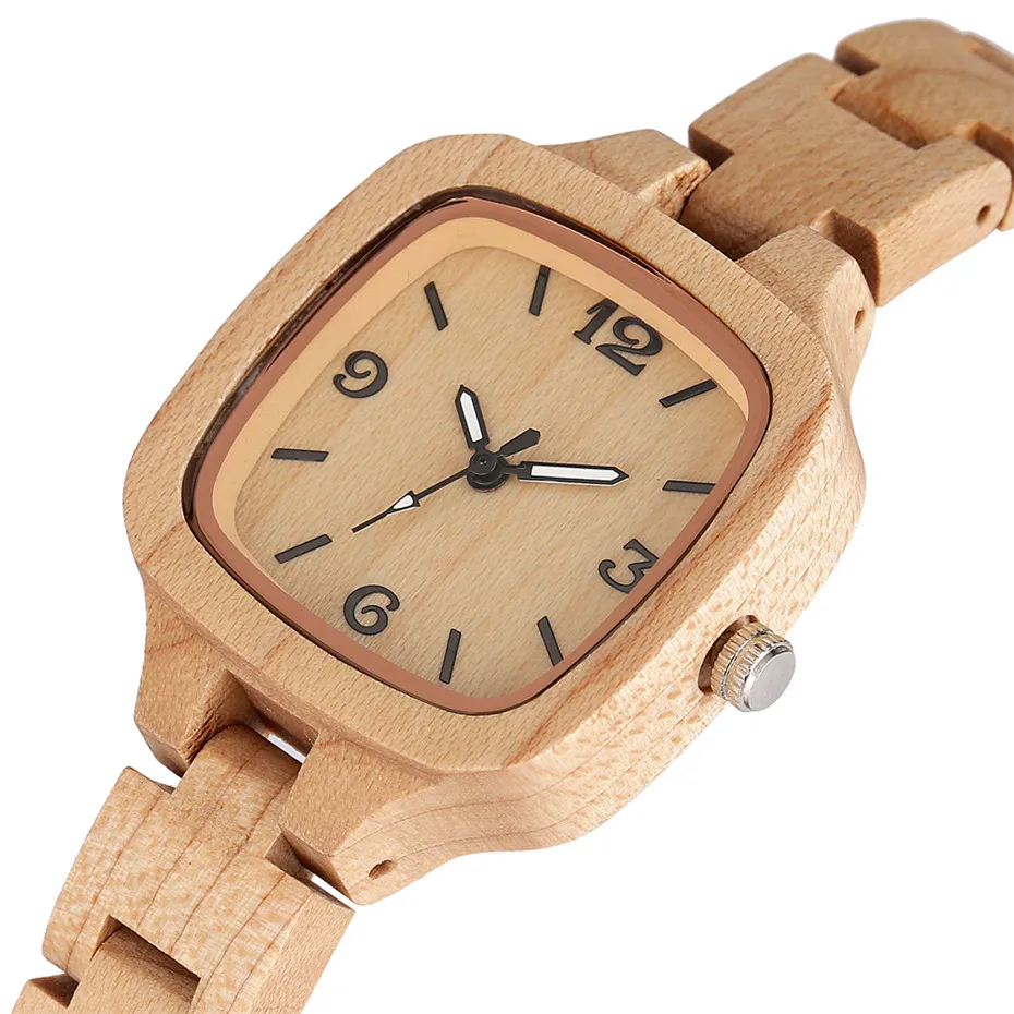 Luxury Maple Wood Ladies Watch Square Dial Full Wooden Bangle Wrist Watches Creative Timepiece Gifts for Girlfriend/Wife