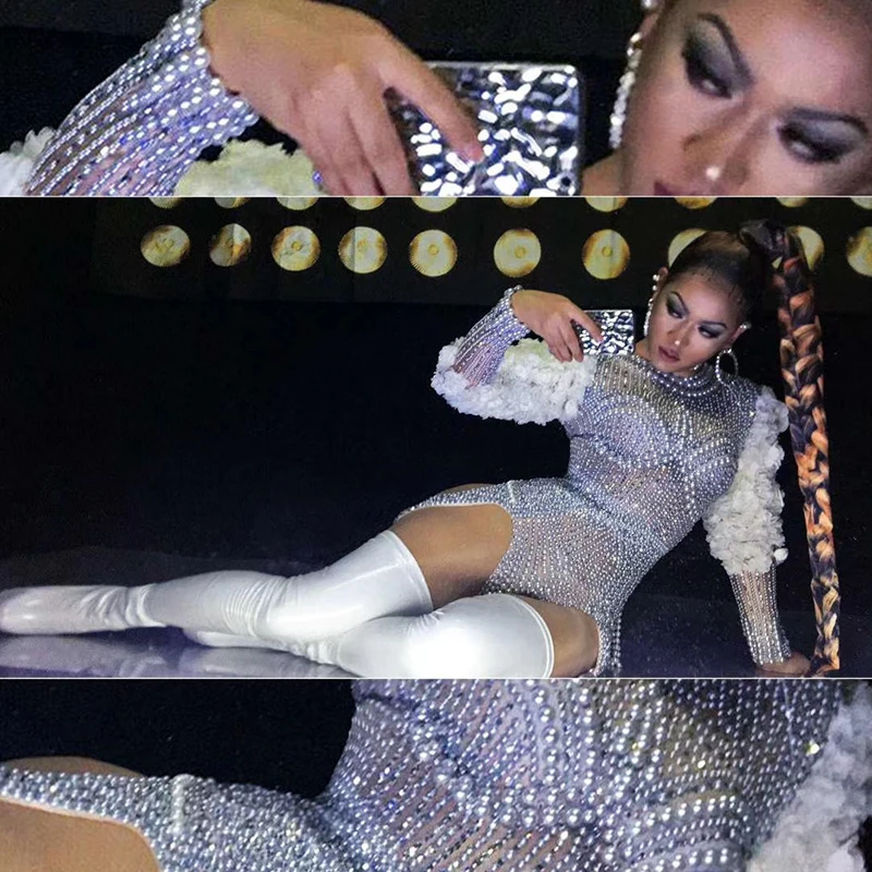 nappa di lusso Perla Strass Body Donna Body sexy pole Dance Festa di compleanno Club drag queen Costume da performance sul palco