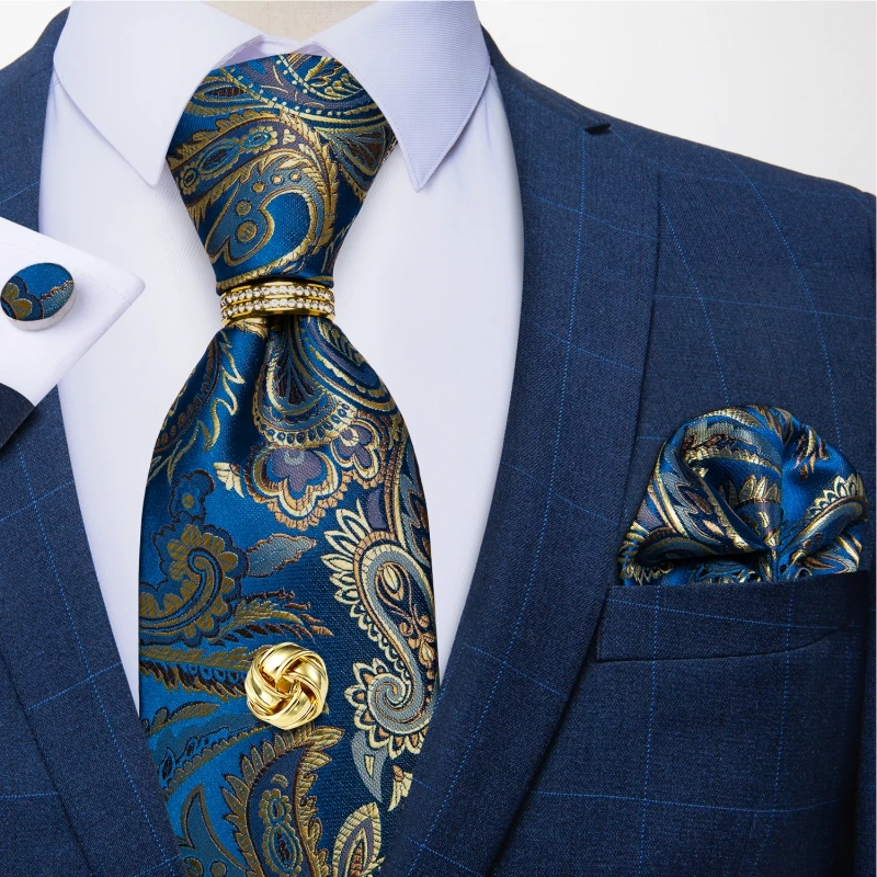 

Blue Paisley Tie For Men Luxury Tie Tack With Chain Tie Ring 8cm Width Business Wedding Neck Tie Set 8cm Men Tie Gravata DiBanGu