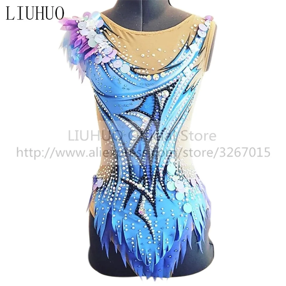 

LIUHUO Women's Girls' Adult Sleeveless Performance Rhythmic Gymnastics Competition Leotard Ice Figure Skating Dress Tights Blue