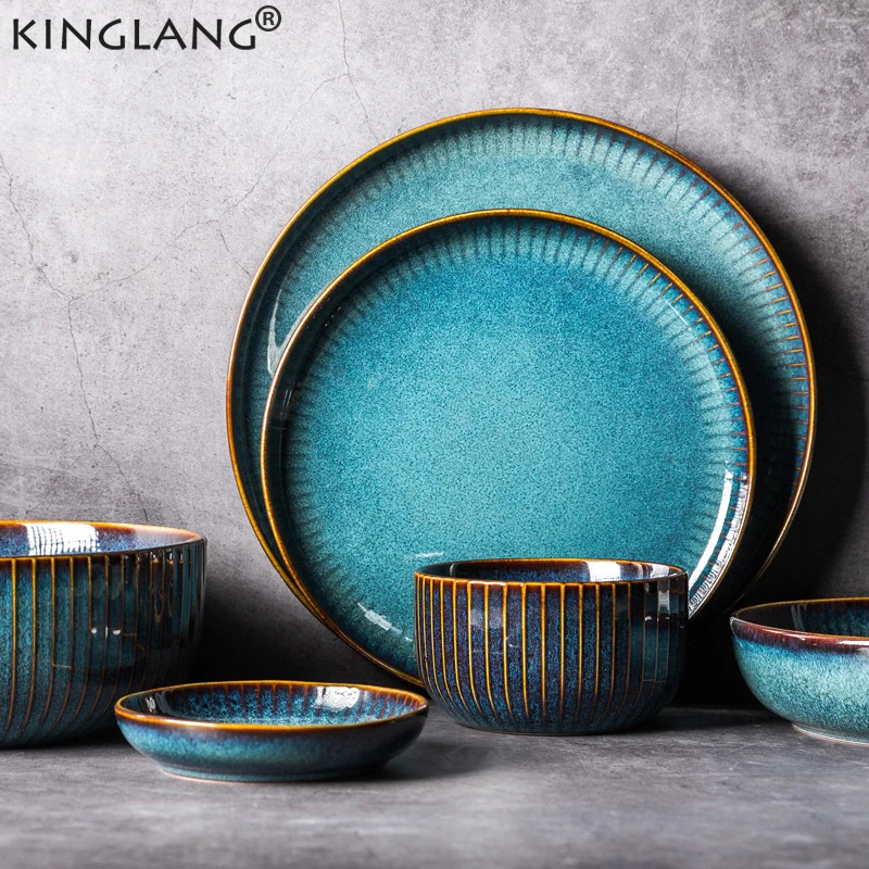 KINGLANG Klin Glazed Sky Blue Tableware Set Nordic Ceramic Salad Round Dish Main Course Plate and Bowl Porcelain Dinnerware Set