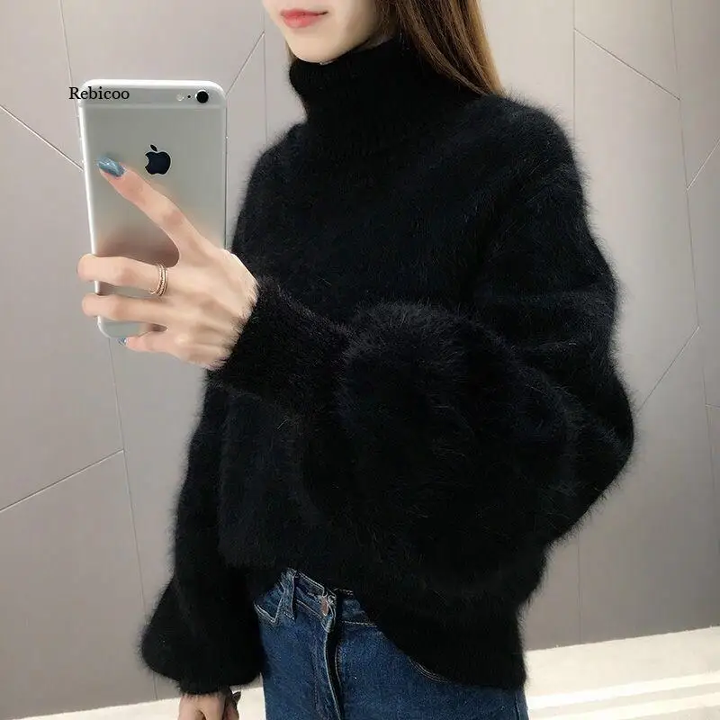 Oversized Cropped Sweater Turtleneck Women Winter Clothes Knitted Fluffy Woman Sweaters Korean Pullover Vintage Jumper Pink