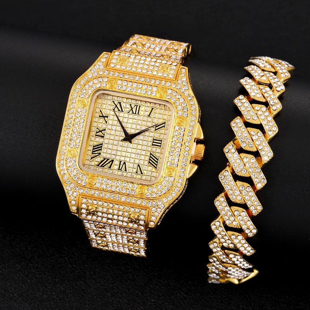 Watch+Bracelet Hip Hop Miami Curb Cuban Chain Gold Iced Out Paved Rhinestones CZ Bling Rapper For Men Jewelry