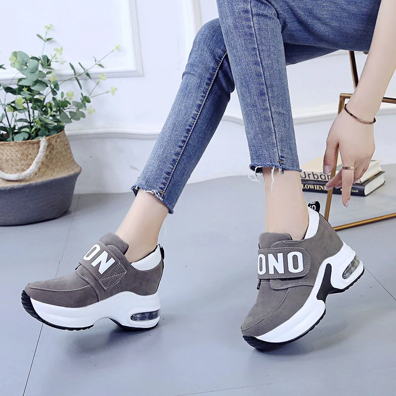 Women High Heel Leisure Platform Sneakers Black Red Lady Breathable Height Increasing Running Shoes Slip on Wedges Trainers