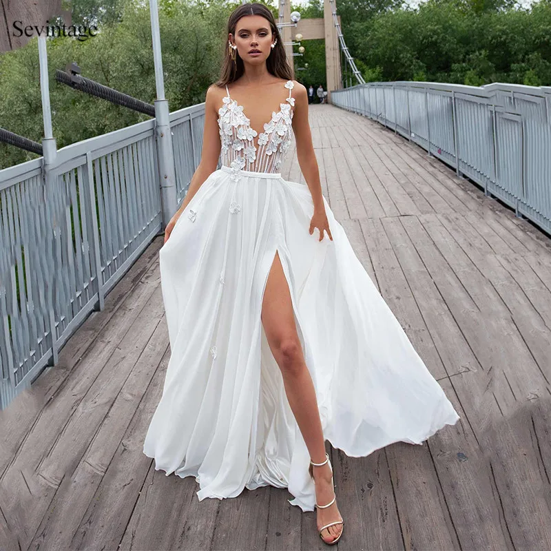 Sevintage High Split Chiffon Beach Wedding Dresses Spaghetti Straps 3D Flowers Bride Party Dress Backless Princess Bridal Gowns