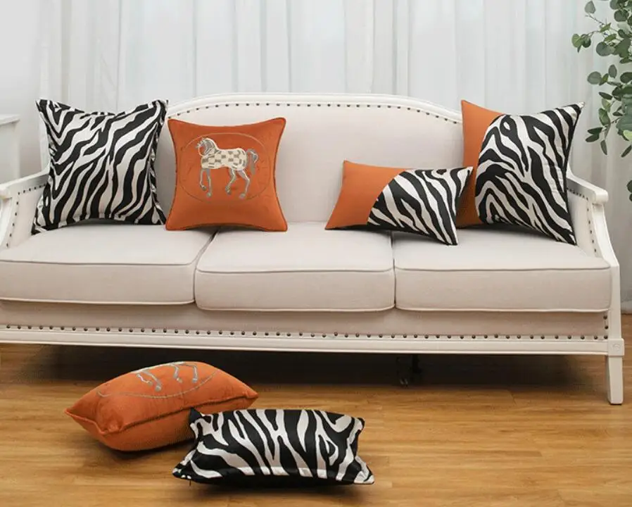 light luxury orange velvet horse cushion cover zebra skin pattern pillowcase lumbar pillow cover
