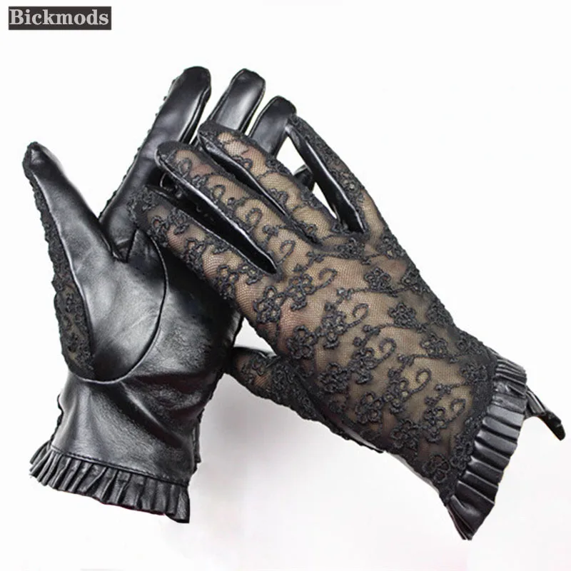 Guantes de piel de oveja para conducir, guantes de cuero para pantalla táctil, de una sola capa, sin forro, finos, a la moda, estilo de encaje