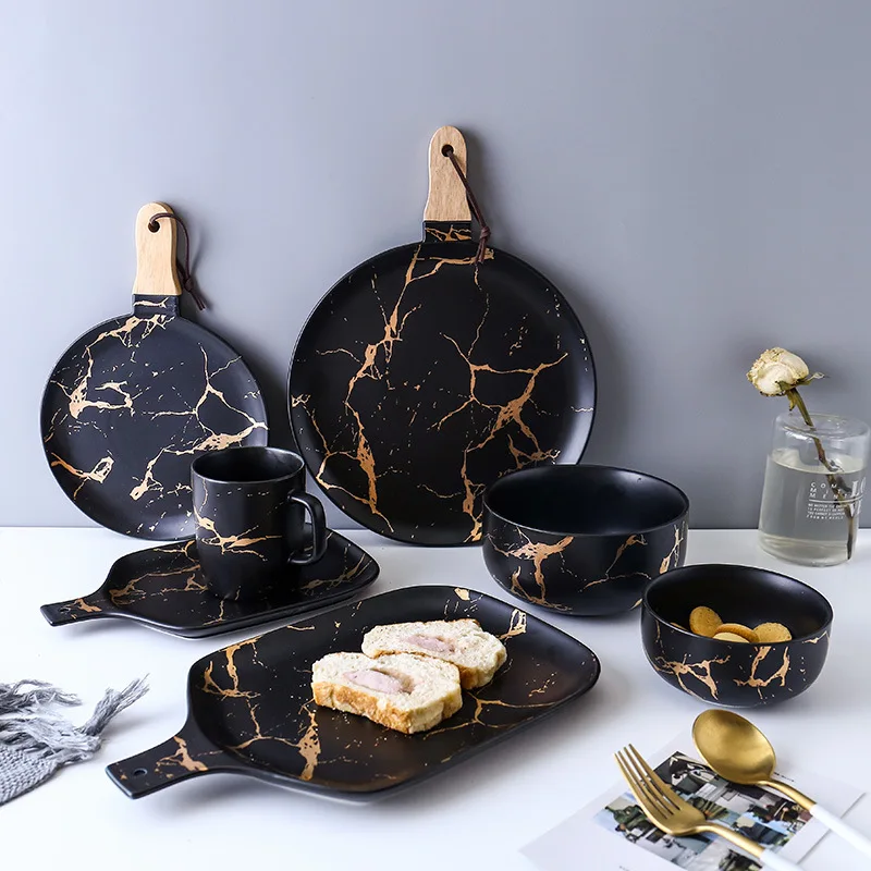 

Gold marble enamel tableware breakfast party dishes noodle cup coffee bowl decorative cup Phnom Penh plate Noodles wan