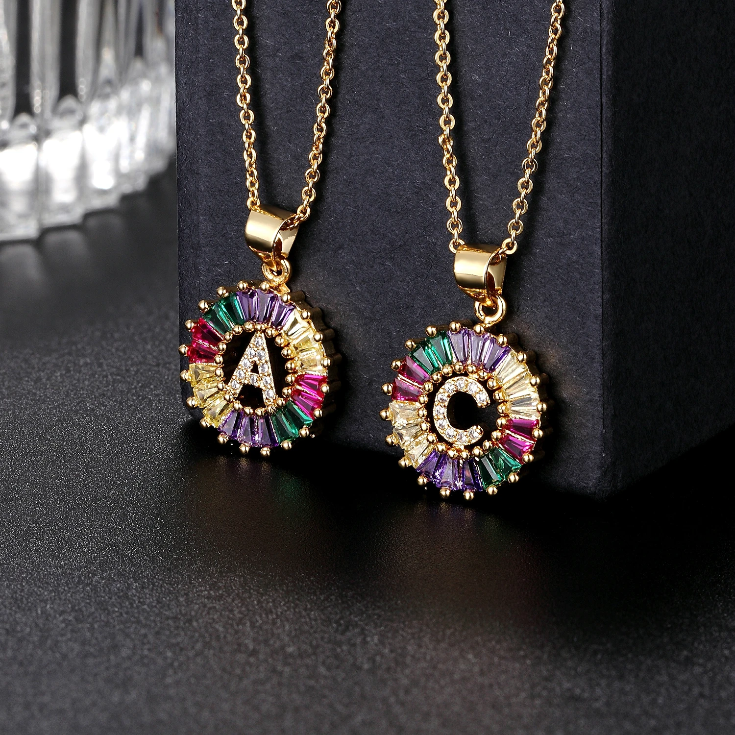 2020 New Gold Color Initial Multicolor CZ Necklace Colourful Letter Necklace Name Jewelry for Women Accessories Girlfriend Gift