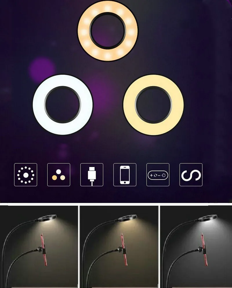 Soporte Universal de brazo largo para Selfie, anillo de luz de relleno de Flash de 24LEDs, 5V, 12w, con Clip USB, para cámara, soporte para teléfono móvil, lámpara de transmisión en vivo