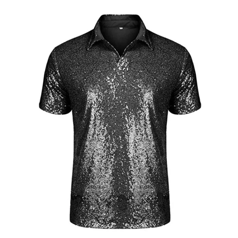 Men's T-shirts Fashion Casual Short Sleeve Sparkle Sequins Male Polo Shirt 70s Disco Costume Nightclub Party Tee