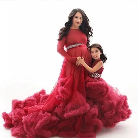 Puffy Mother And Kids Tulle Photo Shoot Dresses   Extra Puffy Long Sleeves Crystal Waistband With Train   Maternity Gowns