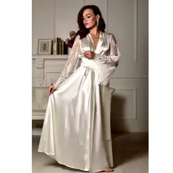 Women Silk Robe Pajamas Nightdress Sexy lingerie Hot Stain Long Solid Nightgown Sleepwear Underwear