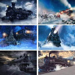 Photography Background Winter Merry Christmas Train Night Moon Snowflake Children Portrait Backdrop for Photo Studio Photocall