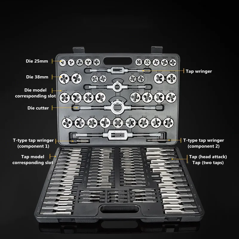 110 szt. Zestaw gwintowników stal szybkotnąca tytanowy zestaw do cięcia gwintów zewnętrznych i wewnętrznych