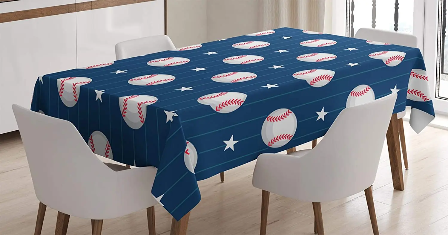 

Baseball Patterns on Vertical Striped Background Stars Artistic Design, Dining Room Kitchen Rectangular Table Cover