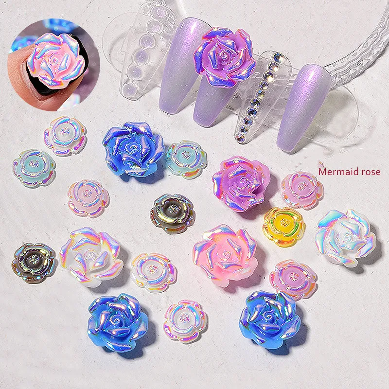 8 pieces of mixed Japanese nail art accessories mermaid illusion rose flower three-dimensional nail decoration diamond nail art