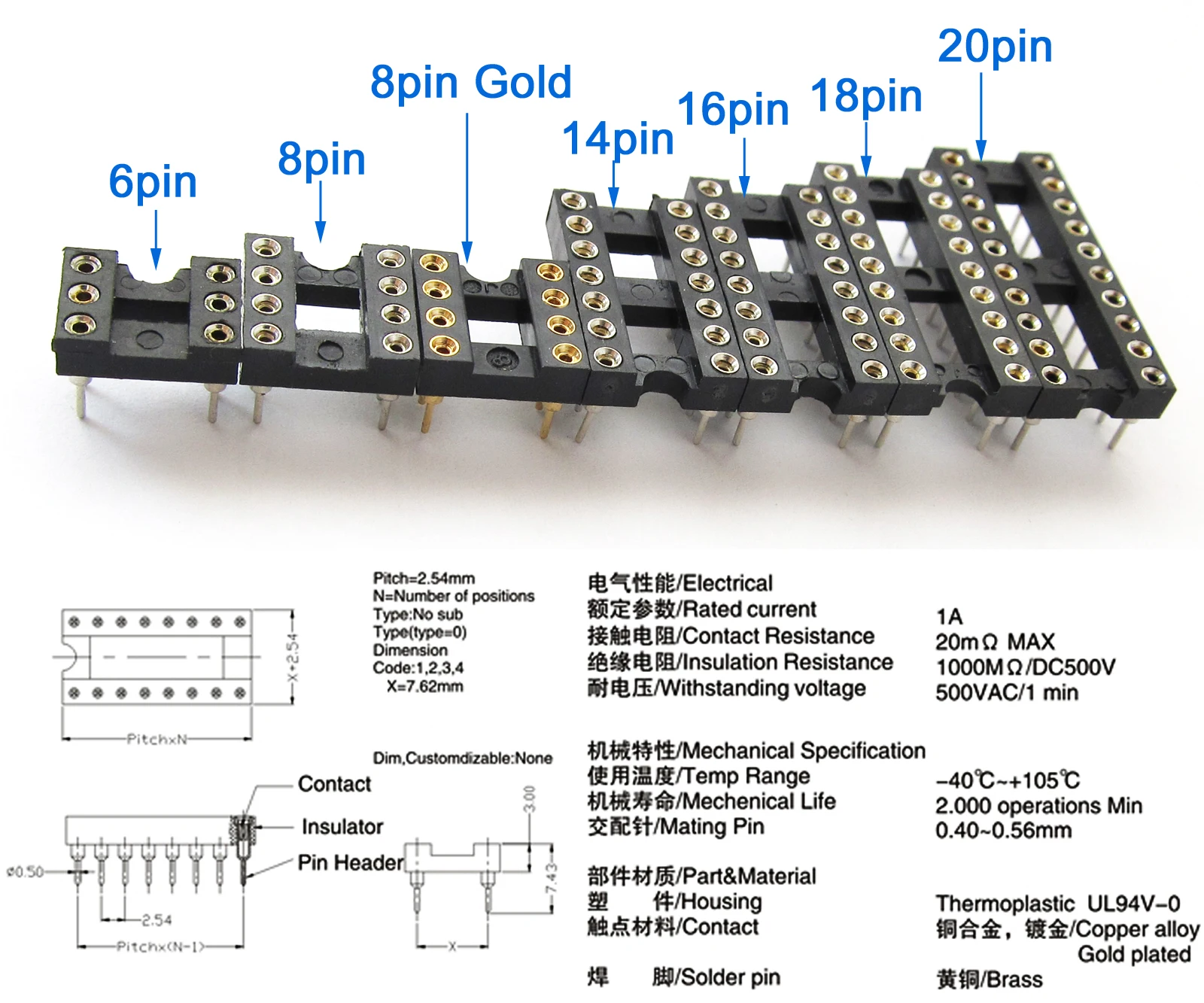 10pcs 6pin 8pin 14pin 16pin 18pin 20pin Round Hole 2.54mm DIP IC Socket Adapter