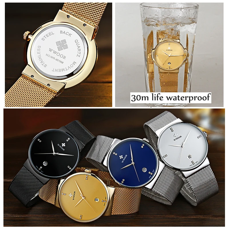 WWOOR-Reloj de pulsera minimalista para hombre, cronógrafo dorado de acero inoxidable, de lujo, de cuarzo