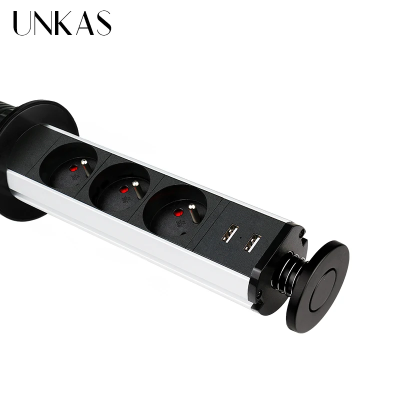 UNKAS 16A PULL POP UP 3 Power French Plug Socket Black Dual USB Port Kitchen Table Desktop Sockets Retractable Countertops