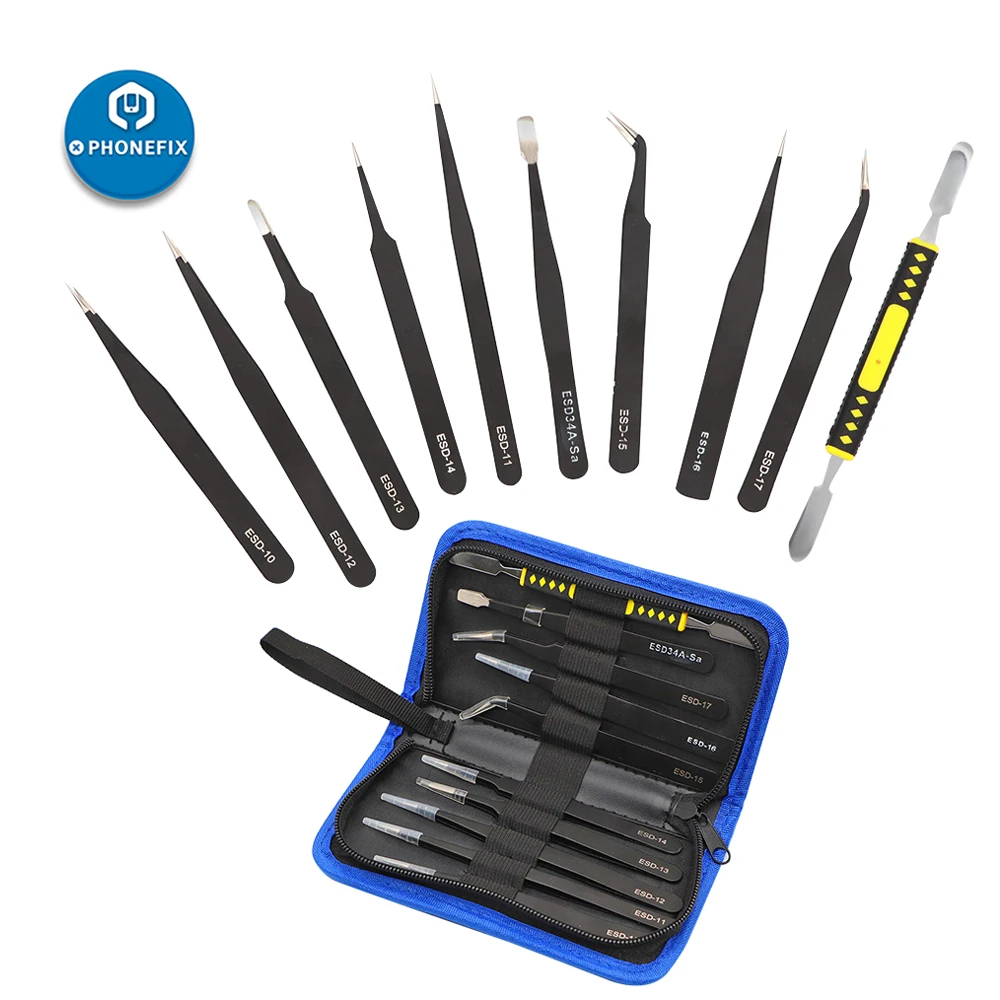 10pcs ESD Tweezers Set Stainless Steel Anti-Magnetic Anti-static Precision Tweezers with Double-head Metal Crowbar Storage Bag