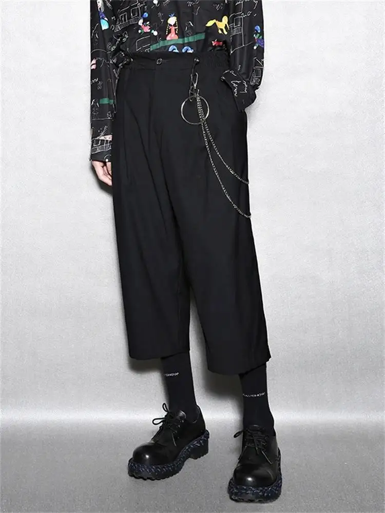 

Original elastic waist casual pants Hong Kong style black high waist wide leg pants men's trendy loose suit pants