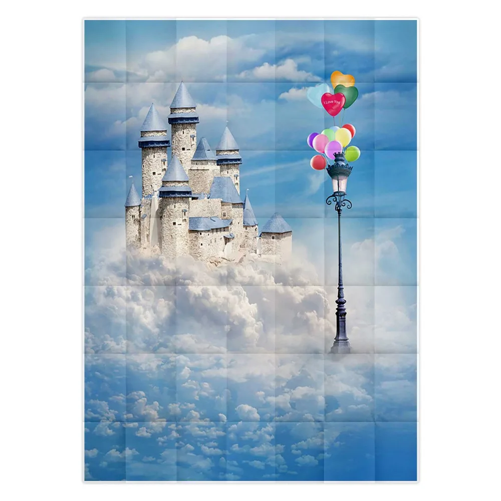 Funnytree photography background Balloon lights blue sky clouds castle backdrops baby princess photo photophone photozone