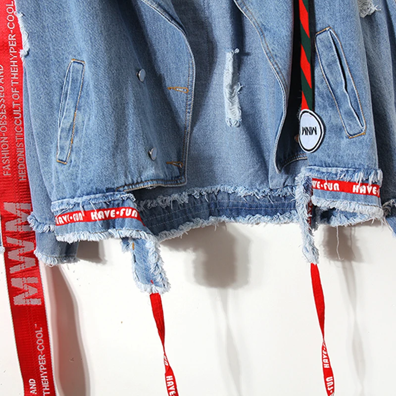 Denim Jacket Women 2023 New Harajuku Streetwear Hip Hop Letter Embroidery Ribbon Female Jeans Coat Size Chaqueta De Mujer