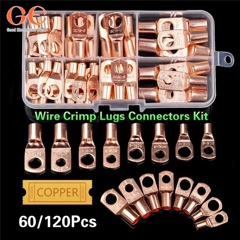 

60Pcs Wire Lug Connector Ring SC6-25 Copper Connectors Bare Cable Electric Crimp Terminal Connector Kit