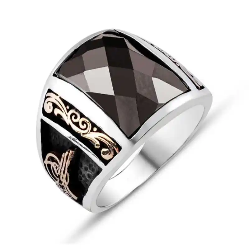 Silver Black Stone Tugra Men's Ring - 925 Sterling Men's Jewelry Wedding Birthday Gift - Box - Men - Fashion - Botiva - Size - Turkish - Patterned Embroidery