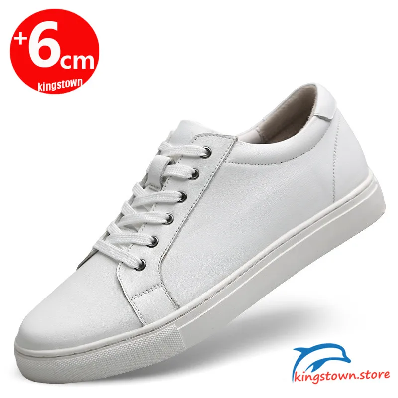 Men White Sneakers Elevator Shoes Height Increase Insoles 6CM  Leather  Tall