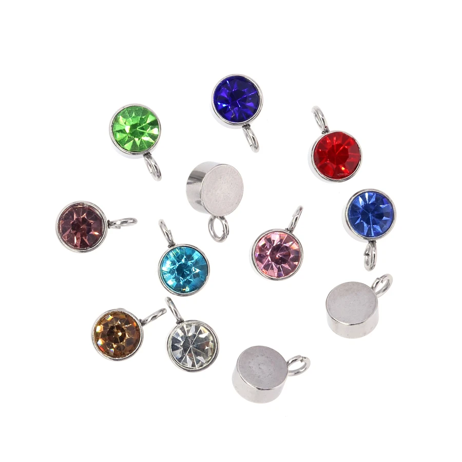 12PC/Lot Stainless Steel Birthstone pendant charm dangle charm DIY Accessories For Necklace Pendant Keychain Making