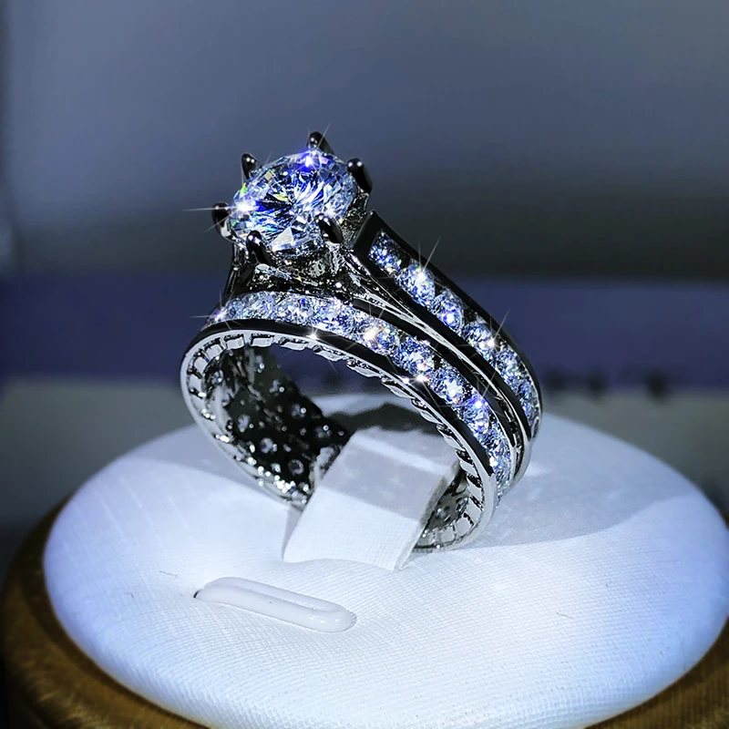 925 Zilveren Luxe Engagement Ringen Voor Vrouwen 2 Stks/set Glanzend Zirkoon Novel Ontwerp Twee Tone Elegante Vrouwelijke Sieraden Ringen Dropship