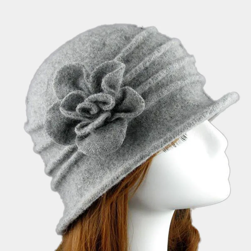 Sombrero de lana 100% de flores para mujer, sombrero suave de mediana edad, estilo europeo, cúpula de fieltro, pensamiento momia, otoño e invierno,