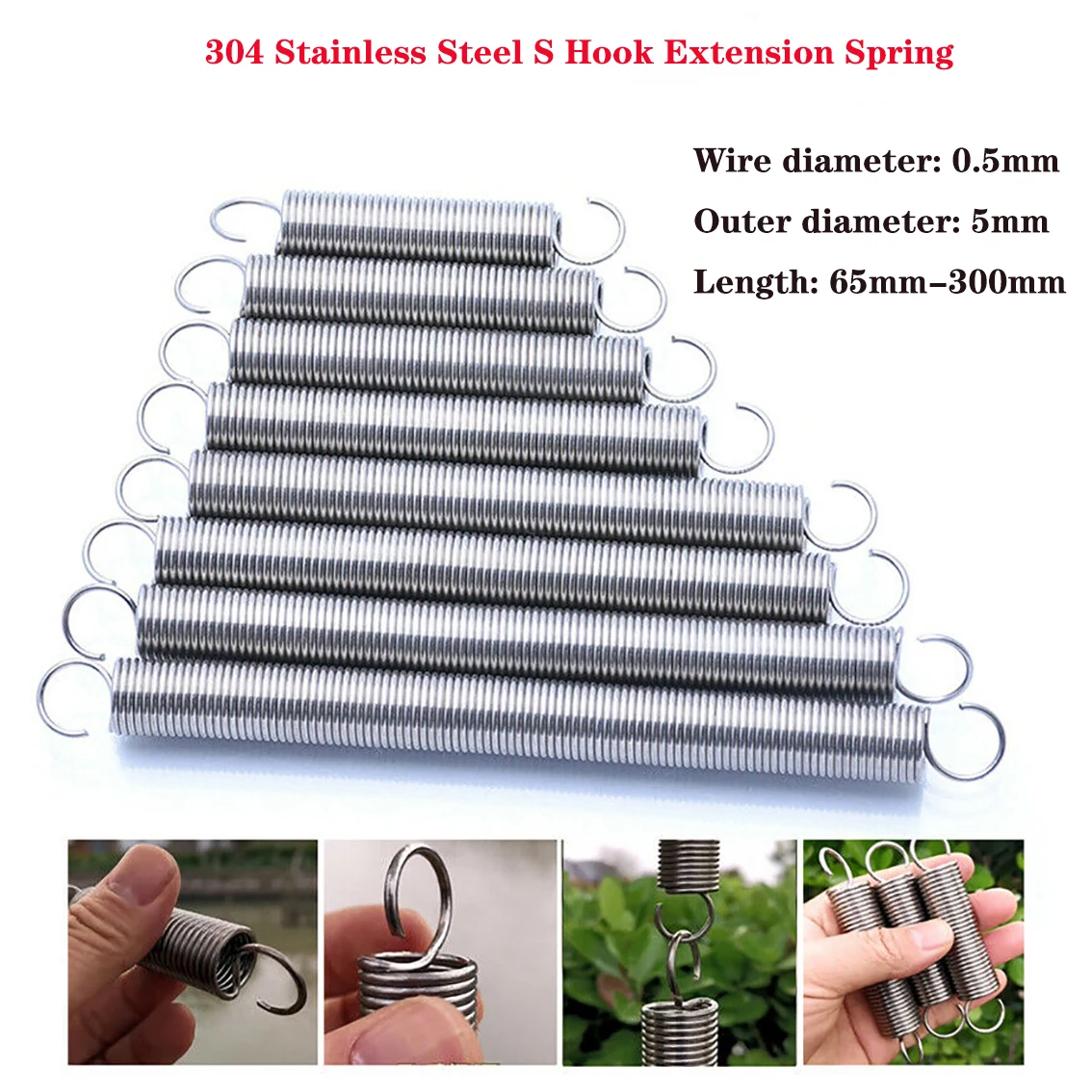 Open Hook Extension Spring Wire Dia 0.5mm 304 Stainless Steel Cylindroid Helical Pullback Tension Coil Spring Length 65-300mm