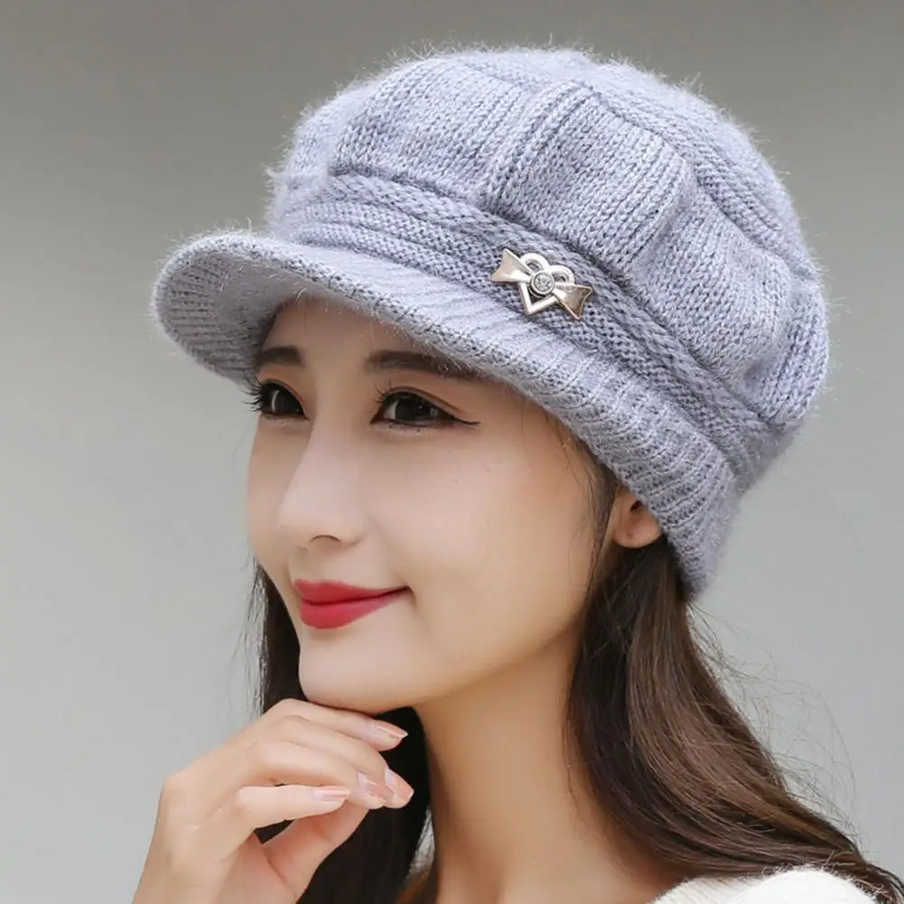 Lady  Elegant Pure Color Knitting Hat Autumn Winter Women Beret Plush Lining   Fashion Accessories