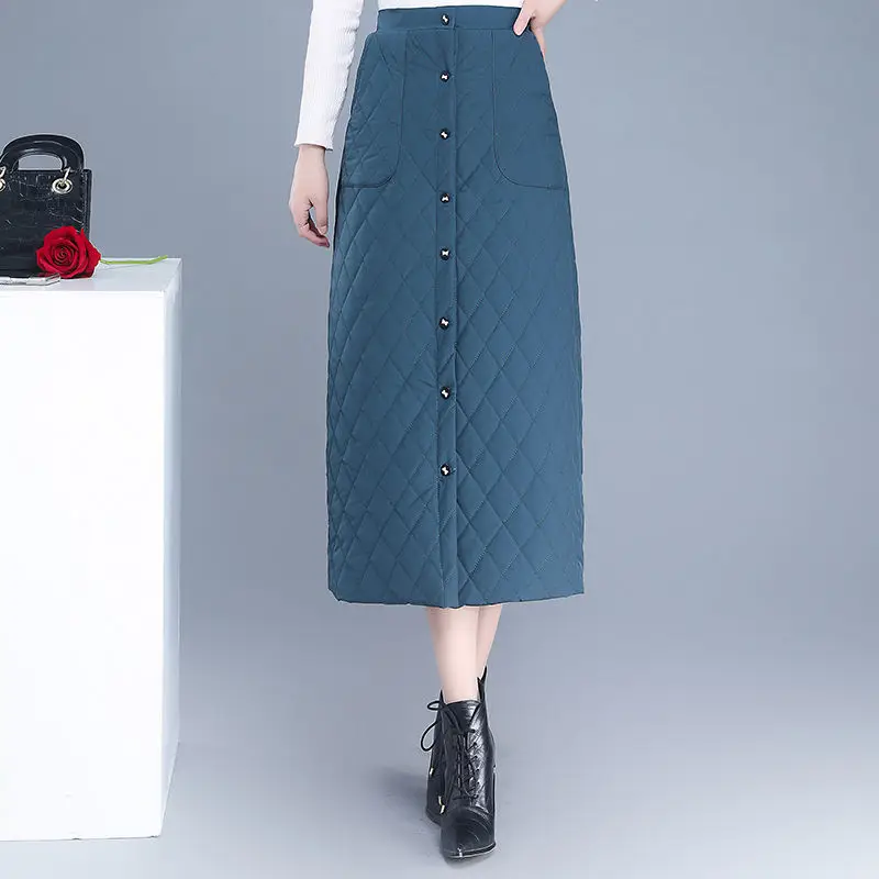 

High Waist Skirt Women Mid-length Fall Winter New Elastic Waist Casual One-Slice Solid Color Thickened Warm Stretch A-line Skirt